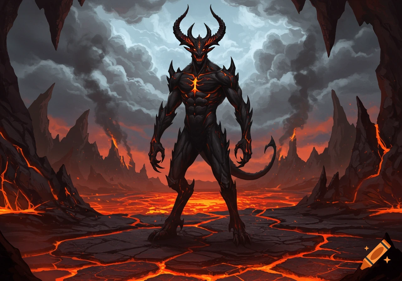 A formidable black demon with glowing orange highlights stands in a fiery hellscape with lava and dark clouds.