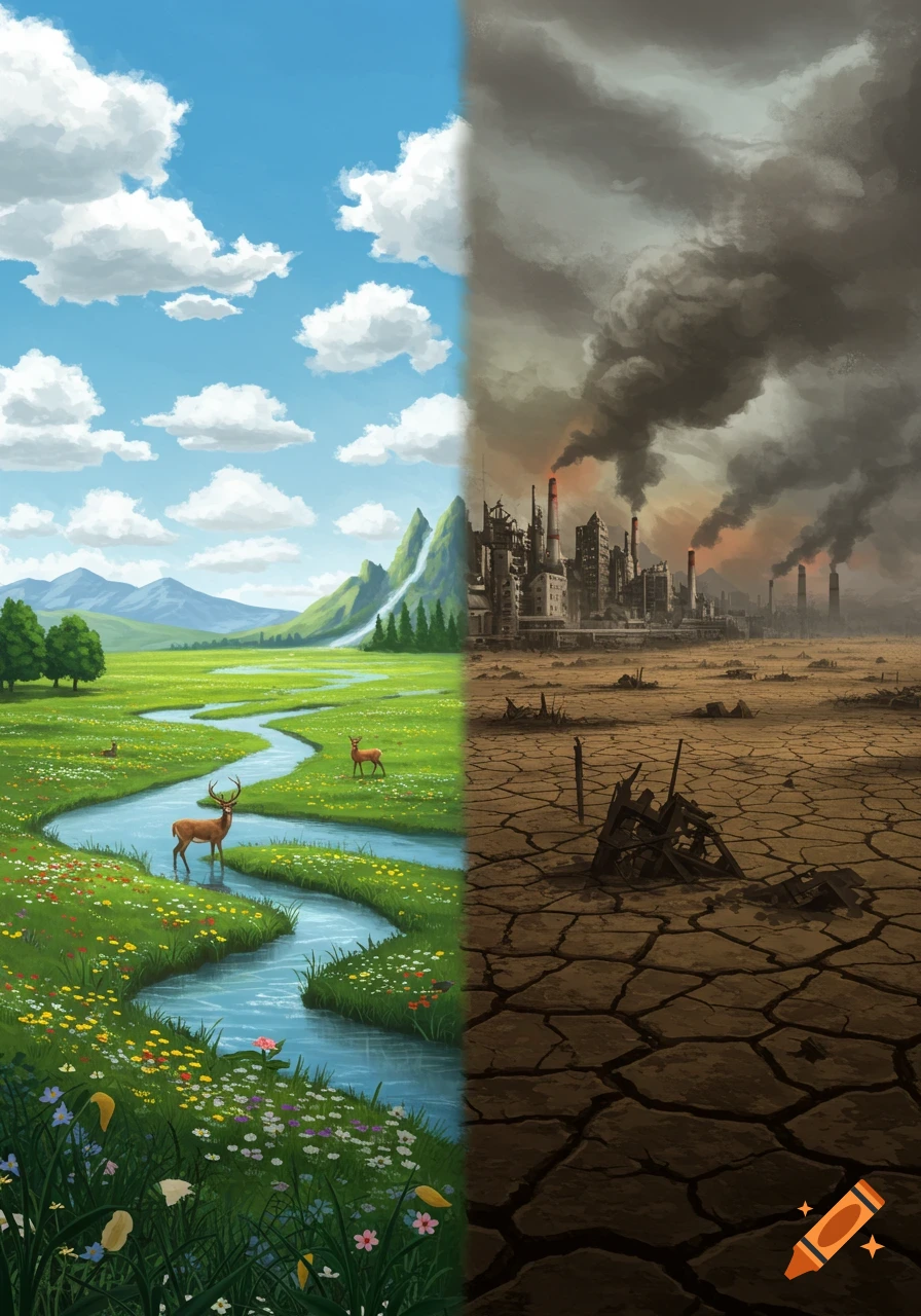 A split image showing a vibrant natural landscape with deer on the left and a polluted industrial wasteland on the right.