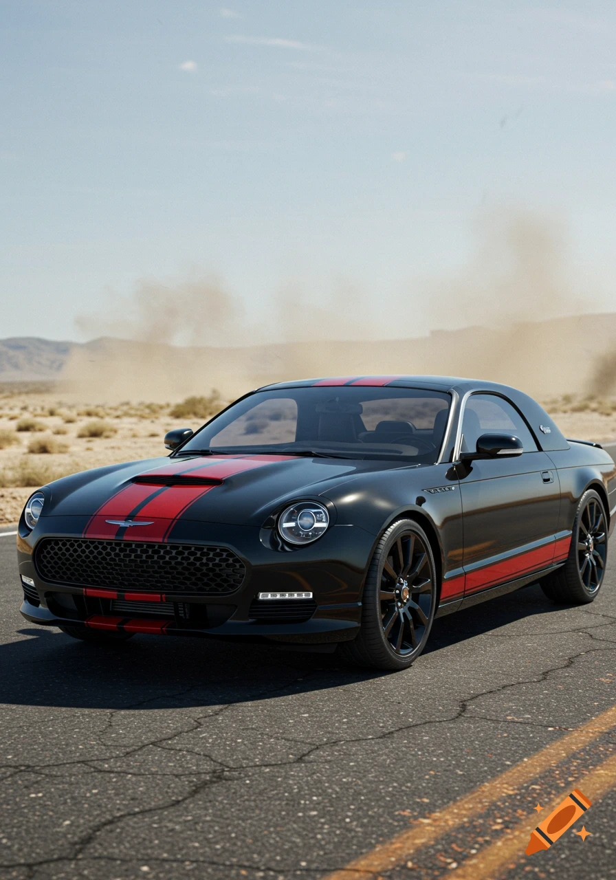 A sleek black Ford Thunderbird with red racing stripes drives on a cracked asphalt road through a desert landscape under a clear sky.