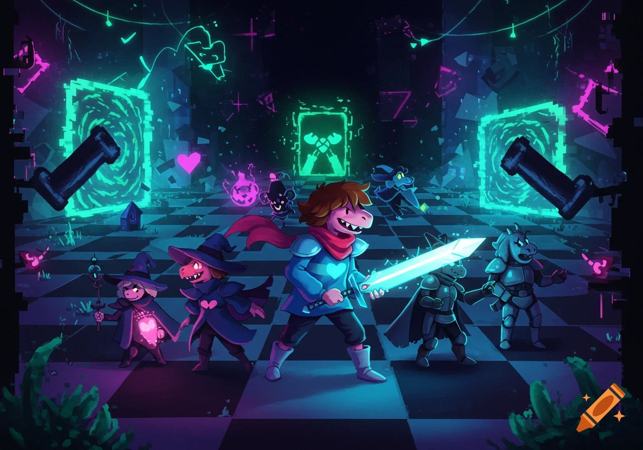 Group of cartoonish fantasy characters, including a sword-wielding hero, stand in a neon-lit, checkered digital dungeon.