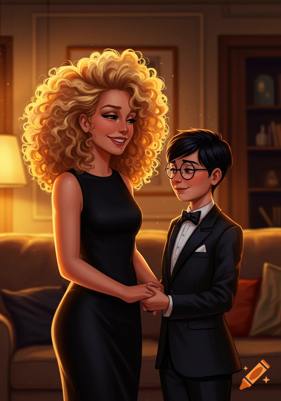 Digital art of a smiling blonde woman in a black dress holding hands with her partner in a tuxedo and glasses, in a warm room.
