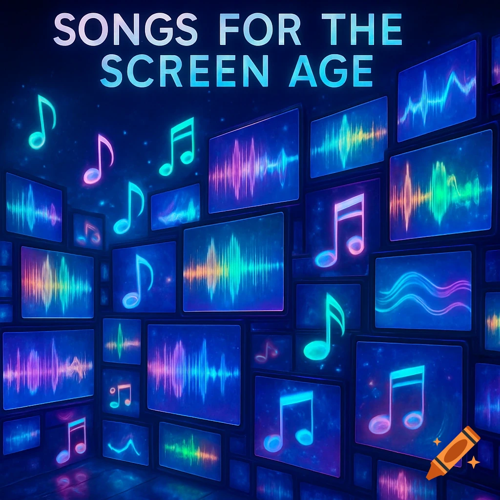 Neon musical notes and vibrant sound waves on multiple screens in a dark, futuristic digital space, with text 'SONGS FOR THE SCREEN AGE' at the top.