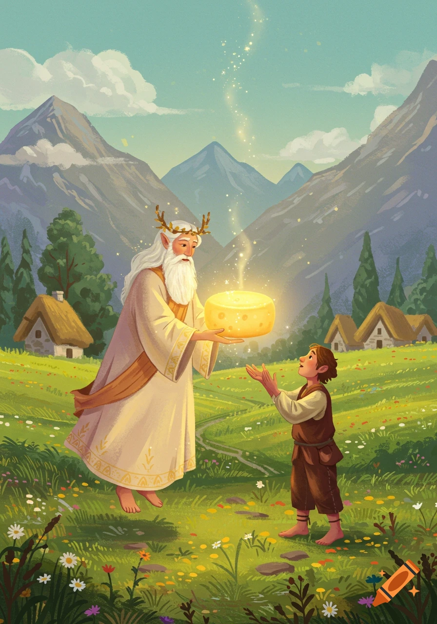 A white-bearded god with a leaf crown gives a glowing cheese to a young villager in a lush, mountainous fantasy landscape.