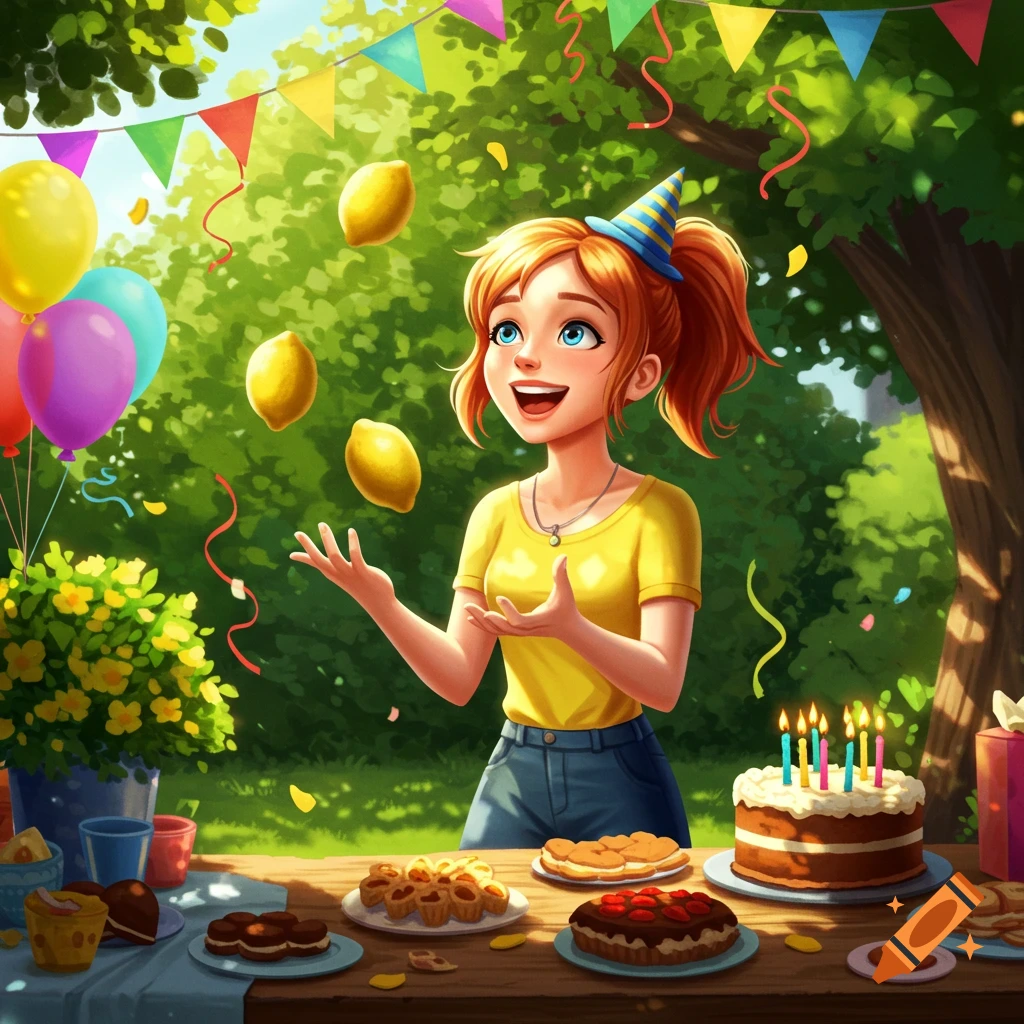 A happy red-haired cartoon girl in a party hat juggles lemons at an outdoor birthday party with cake, pastries, and balloons.