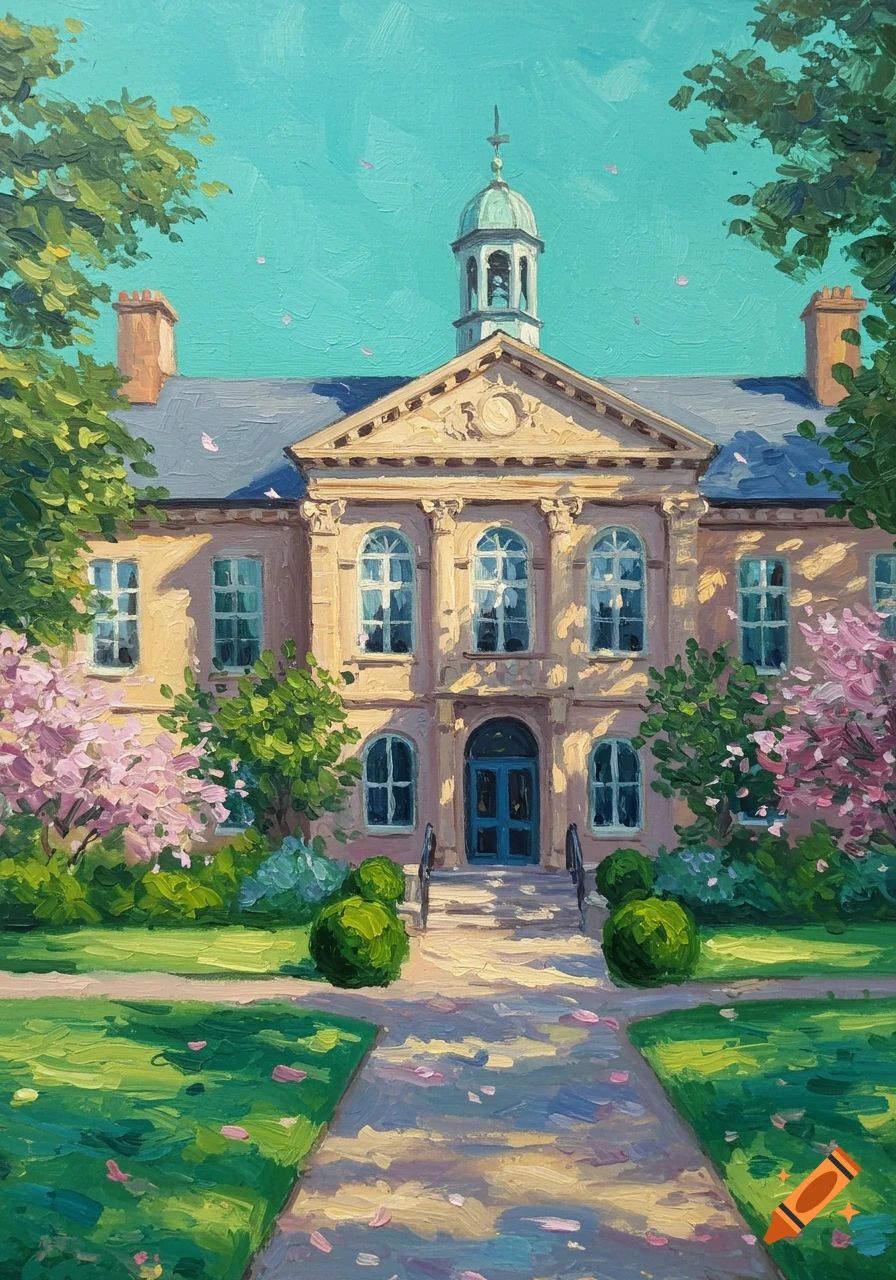 Impressionistic painting of a large, light-colored stone building with a bell tower, surrounded by green trees and pink blossoms.