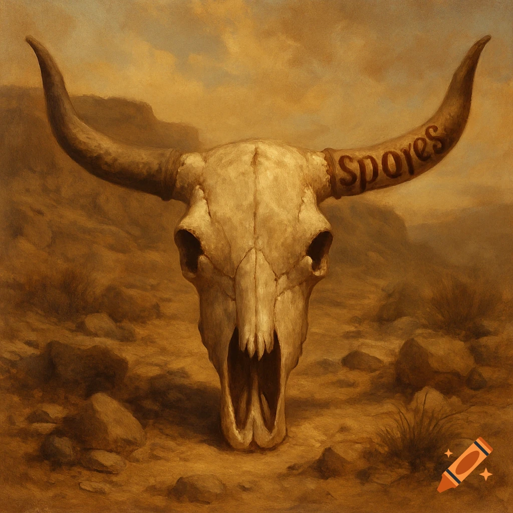 A Texas longhorn skull with 'spores' painted on its horn, set in a desolate, sandy desert landscape in a dark, painterly style.