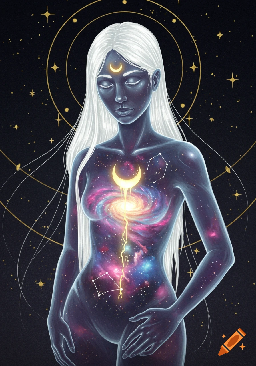 A mystical woman with white hair and cosmic skin, containing a galaxy in her torso with a glowing crescent moon dripping light. Surrounded by stars and golden rings.