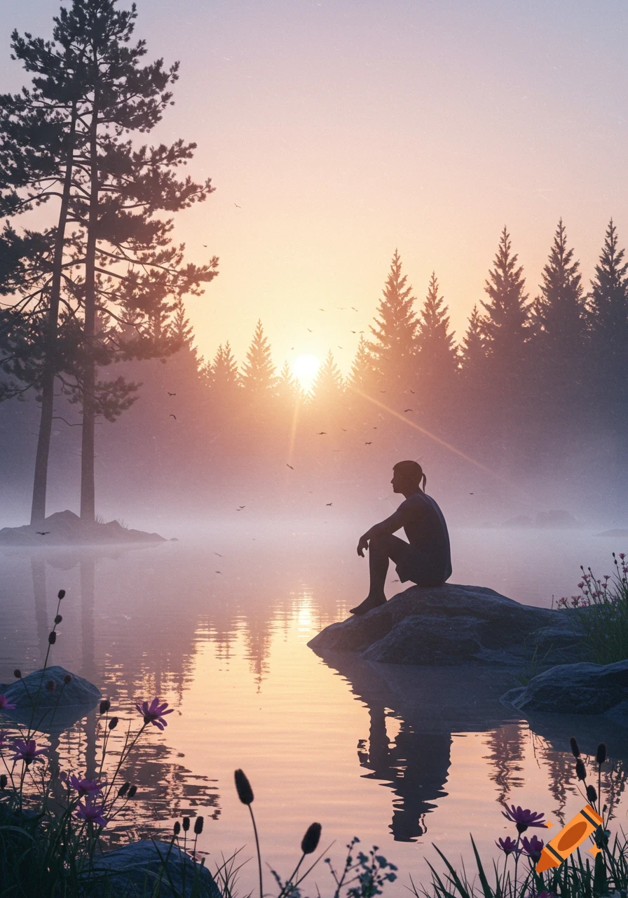 Silhouette of a person sitting on a rock by a misty lake at sunset, surrounded by pine trees and wildflowers.