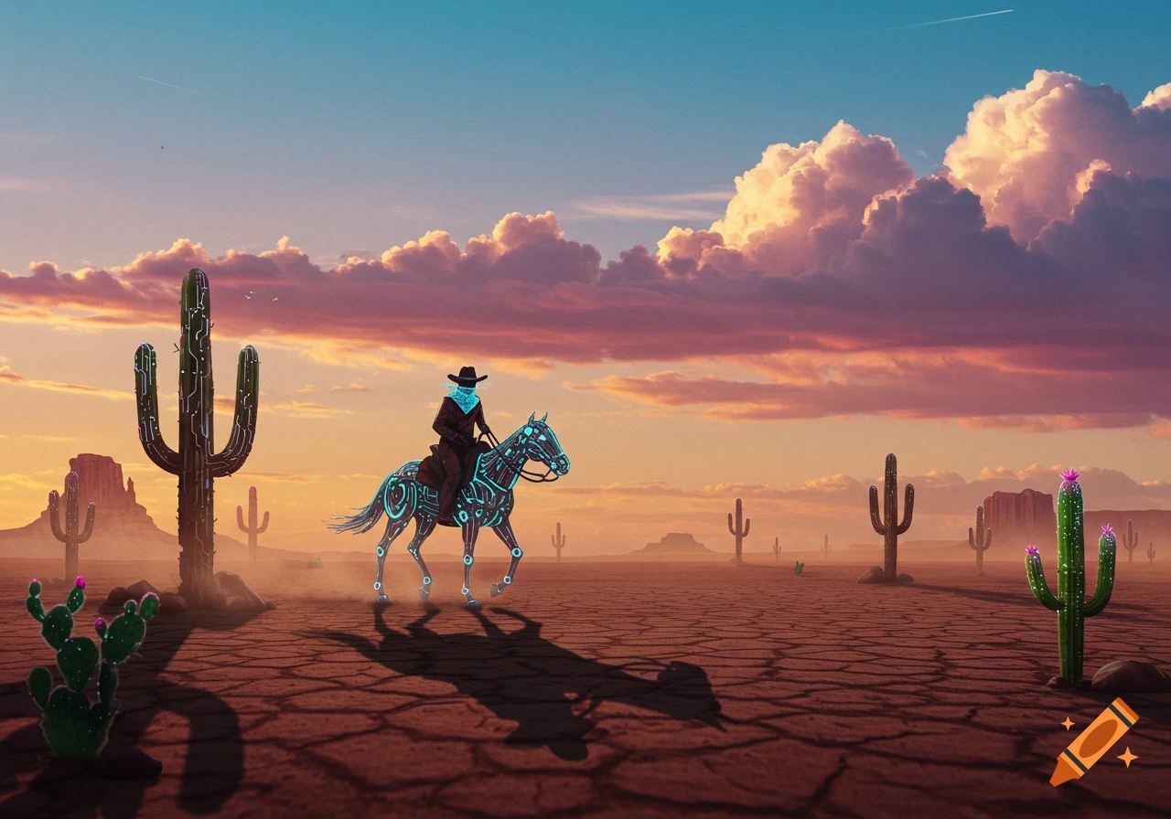 A stylized image of a cybernetic cowboy riding a glowing horse through a futuristic desert with glowing cacti at sunset.