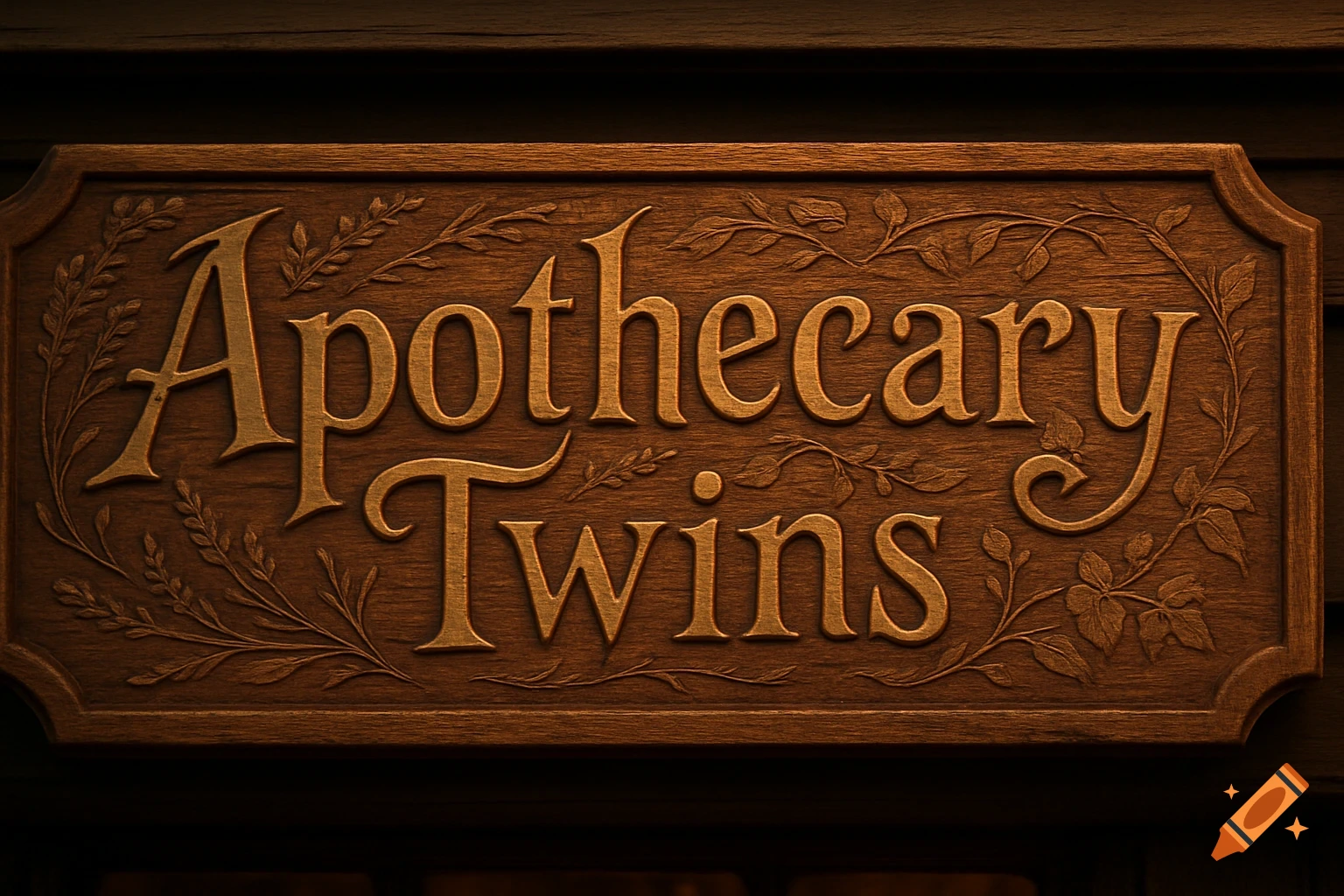 A decorative wood-carved sign reading 'Apothecary Twins' with intricate leafy patterns.