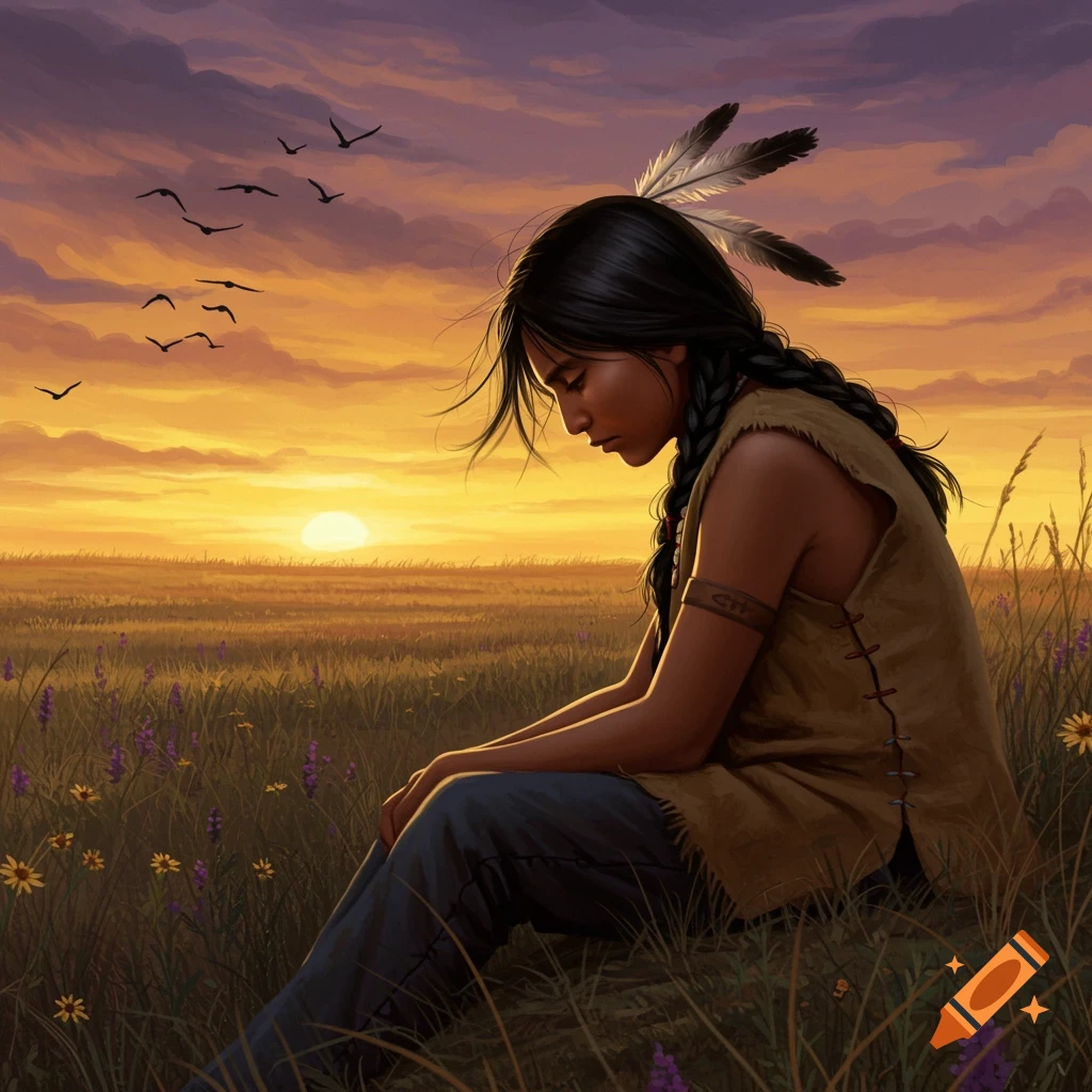 A young Native American person sits in a field of wildflowers, looking down at sunset with birds flying, in a realistic style.