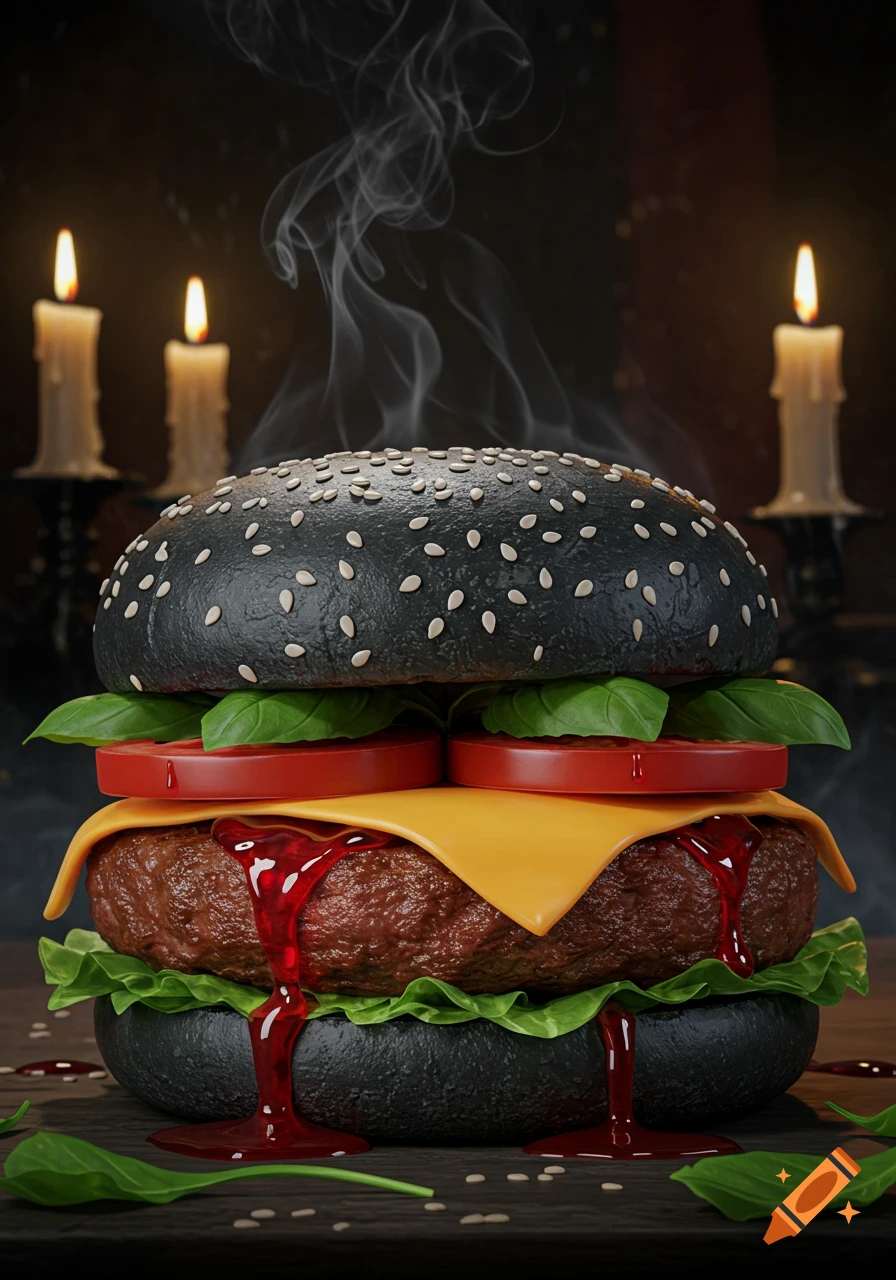 A dark and dramatic photorealistic goth vampire cheeseburger with black buns, red dripping sauce, and lit candles in the background.