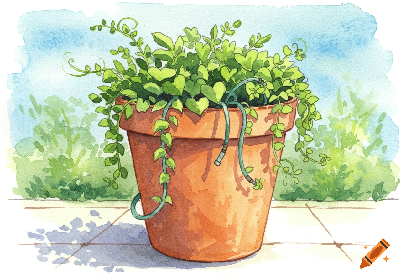 Vibrant watercolor illustration of a leafy green plant overflowing from a terracotta pot with a coiled hose.