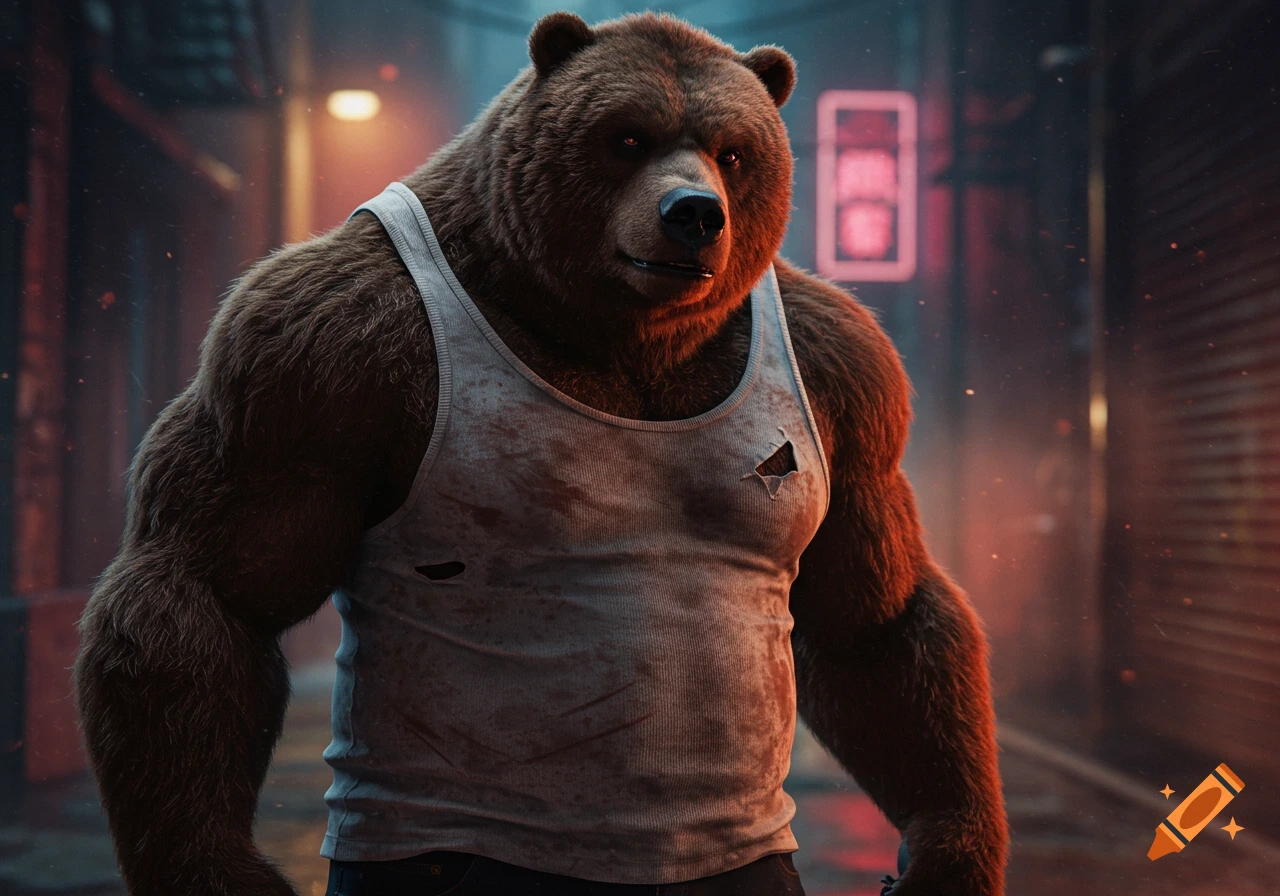 A muscular anthropomorphic brown bear in a ripped white tank top stands in a dark, neon-lit urban alley.