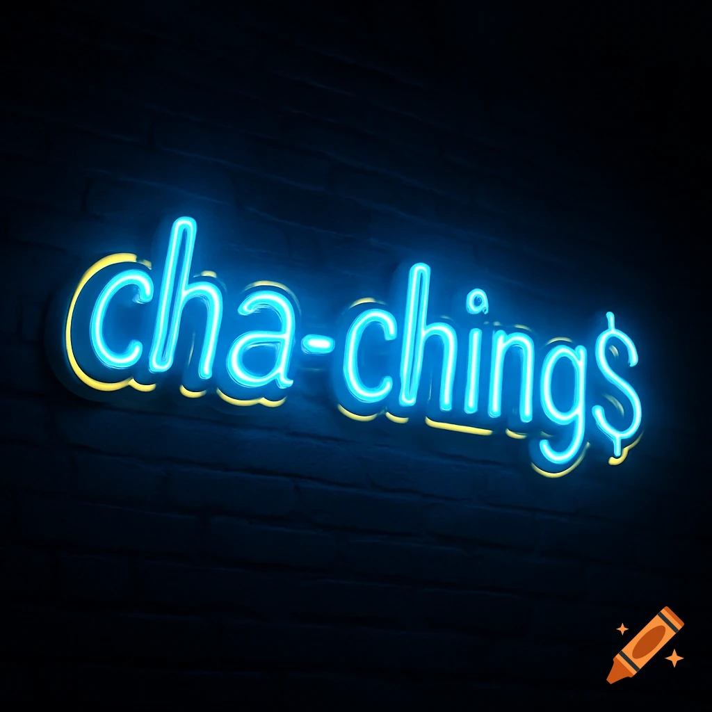 A bright blue and yellow neon sign on a dark brick wall spelling out 'cha-ching$'.