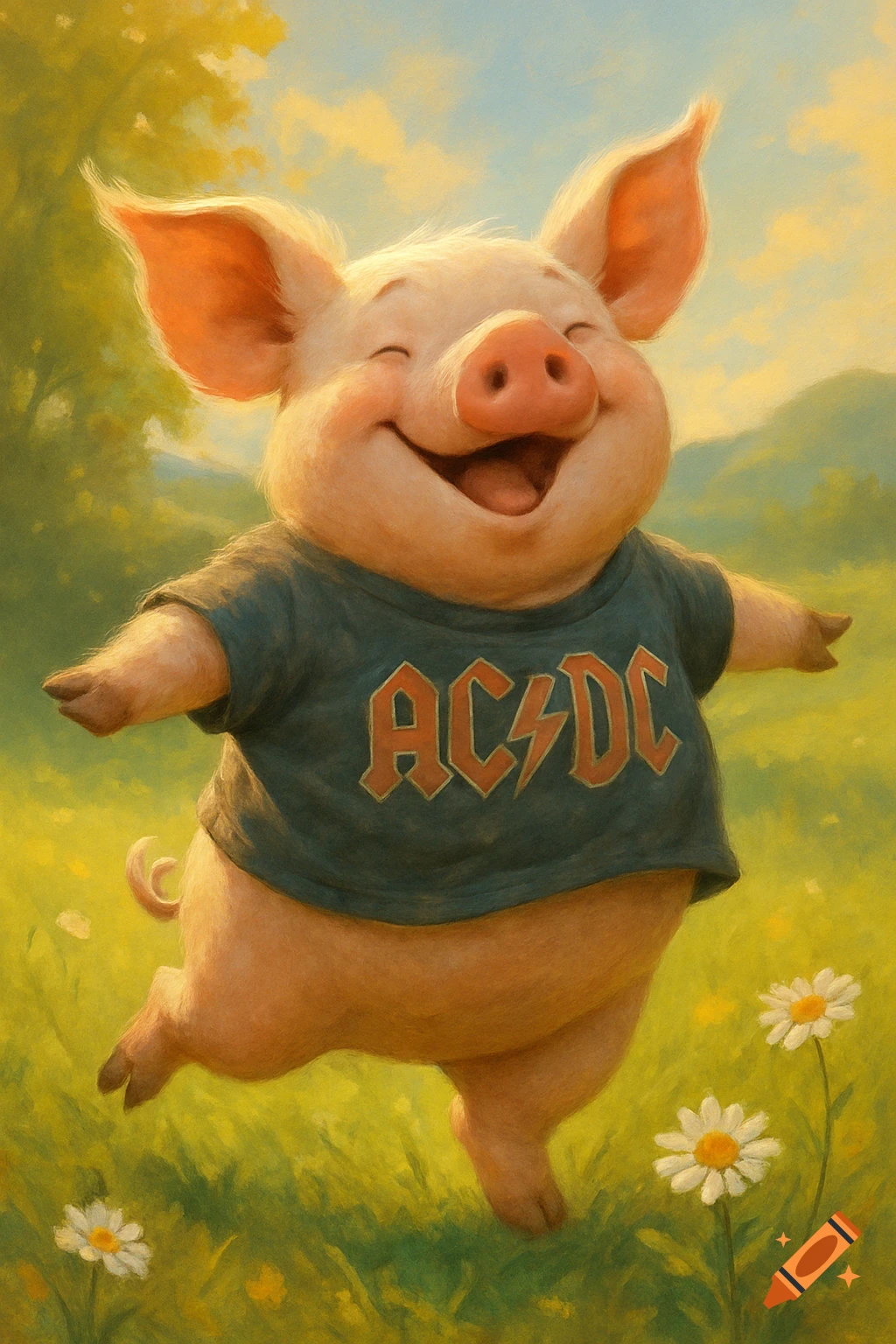 A joyful, cartoonish pig wearing an ACDC t-shirt stands in a sunny field with daisies, painted in a whimsical style.