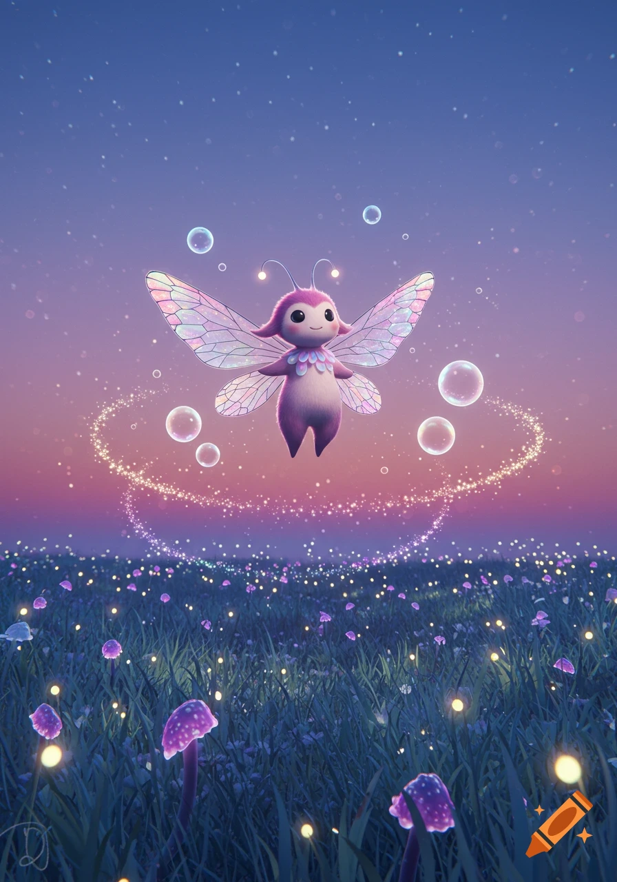 A cute pink fairy creature with iridescent wings floats over a magical field of glowing purple mushrooms and sparkling lights under a twilight sky.