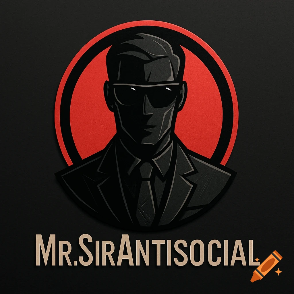 Stylized logo of a dark silhouette of a man in a suit and sunglasses, against a red circular background, with 'MR.SIRANTISOCIAL' text below.