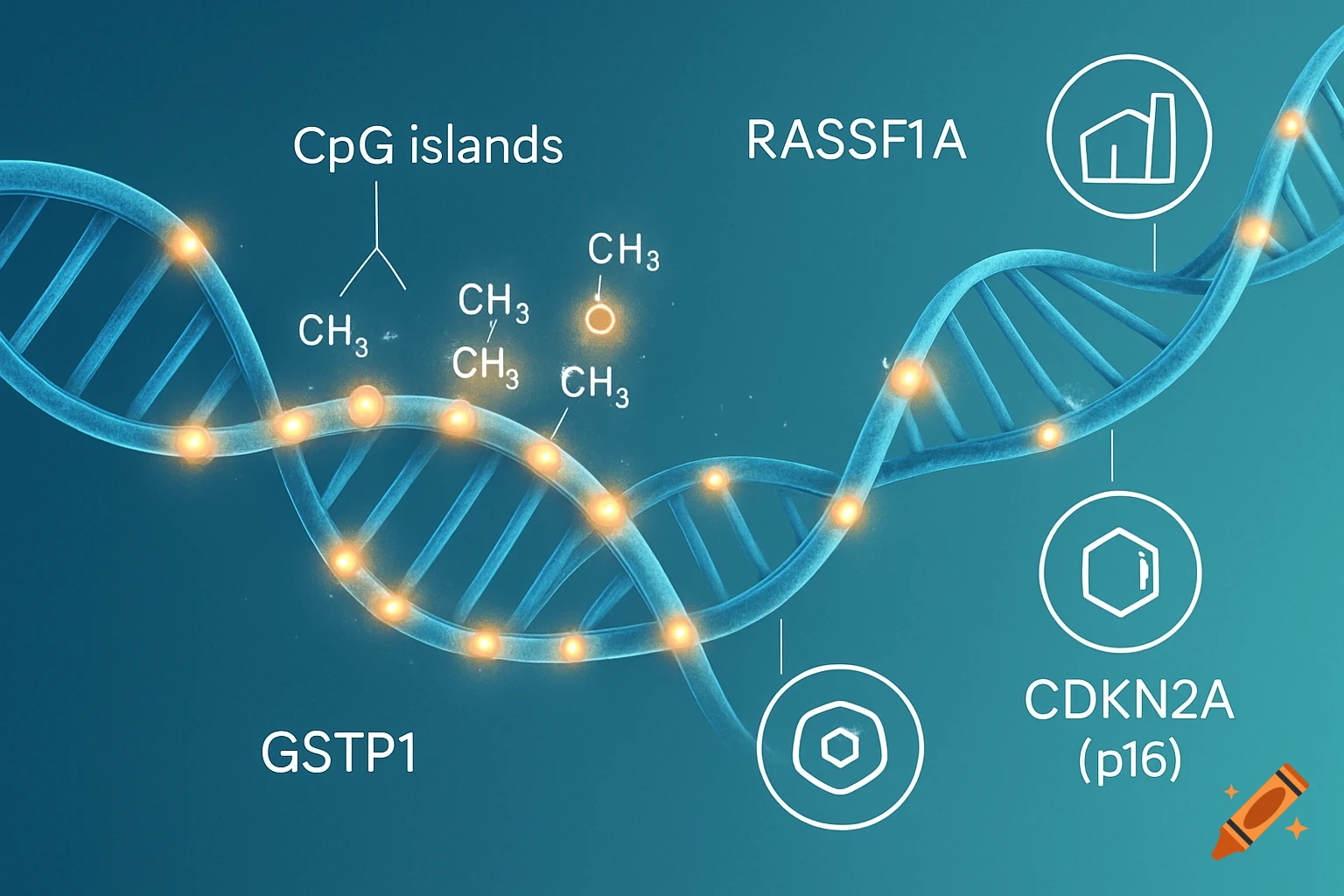 Scientific illustration of DNA helix with CpG islands, methyl groups (CH3), and gene labels RASSF1A, GSTP1, CDKN2A (p16).