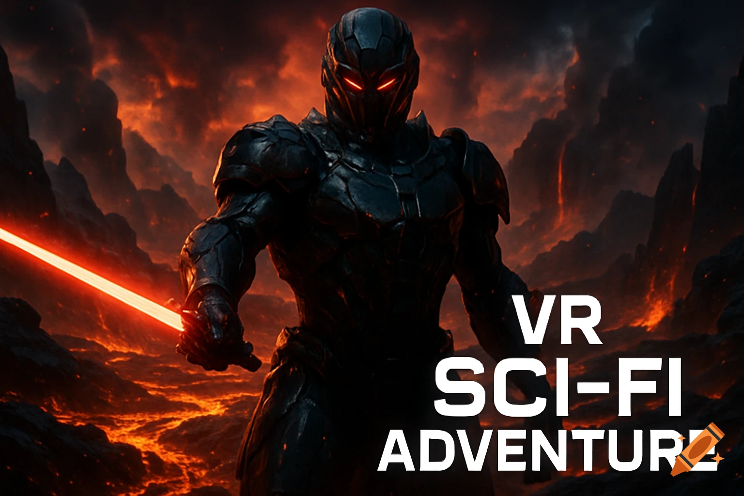Armored dark warrior with glowing red eyes and crimson energy blade in volcanic sci-fi world, with 'VR SCI-FI ADVENTURE' text.