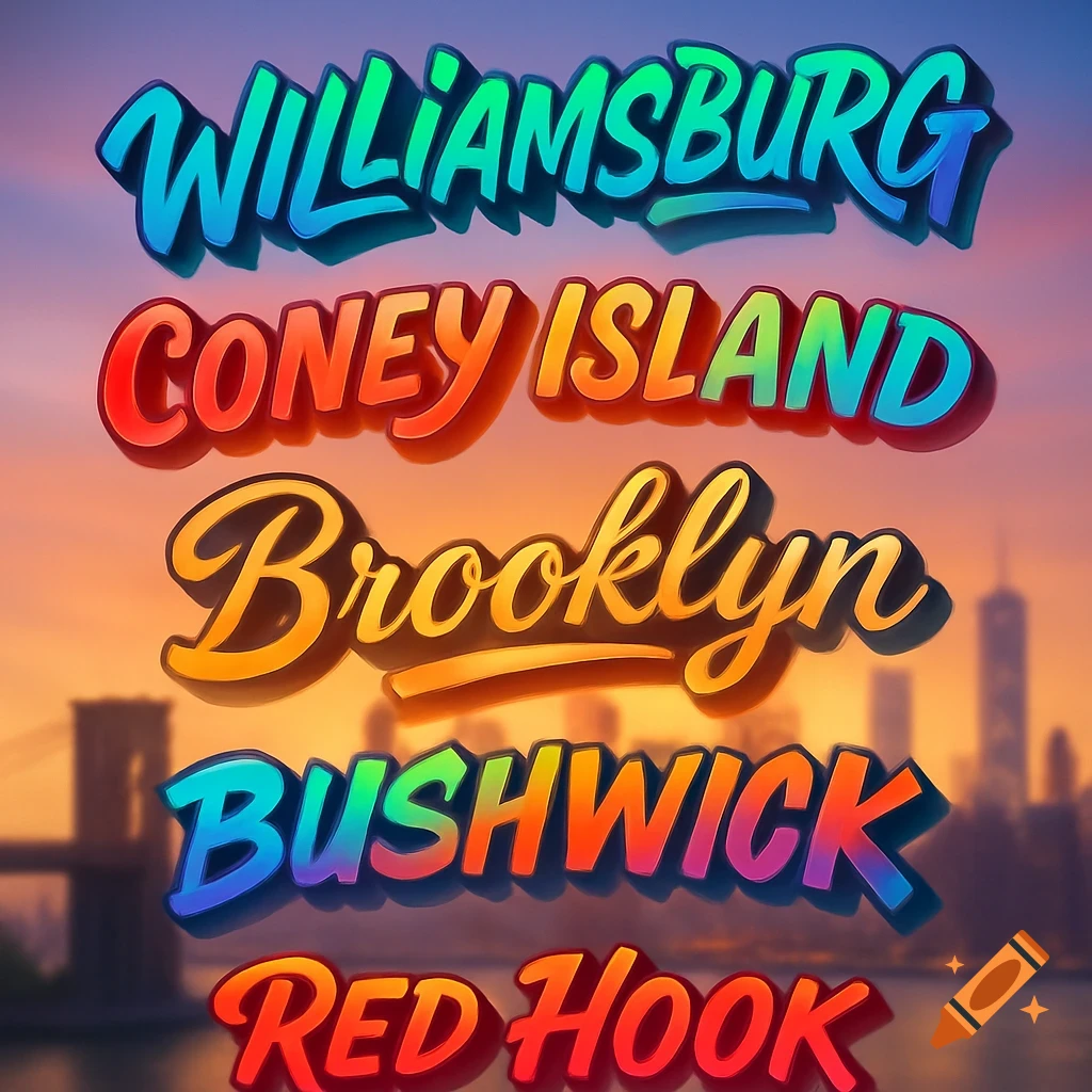 Colorful 3D text of Brooklyn neighborhoods (Williamsburg, Coney Island, Brooklyn, Bushwick, Red Hook) over a blurred city skyline.