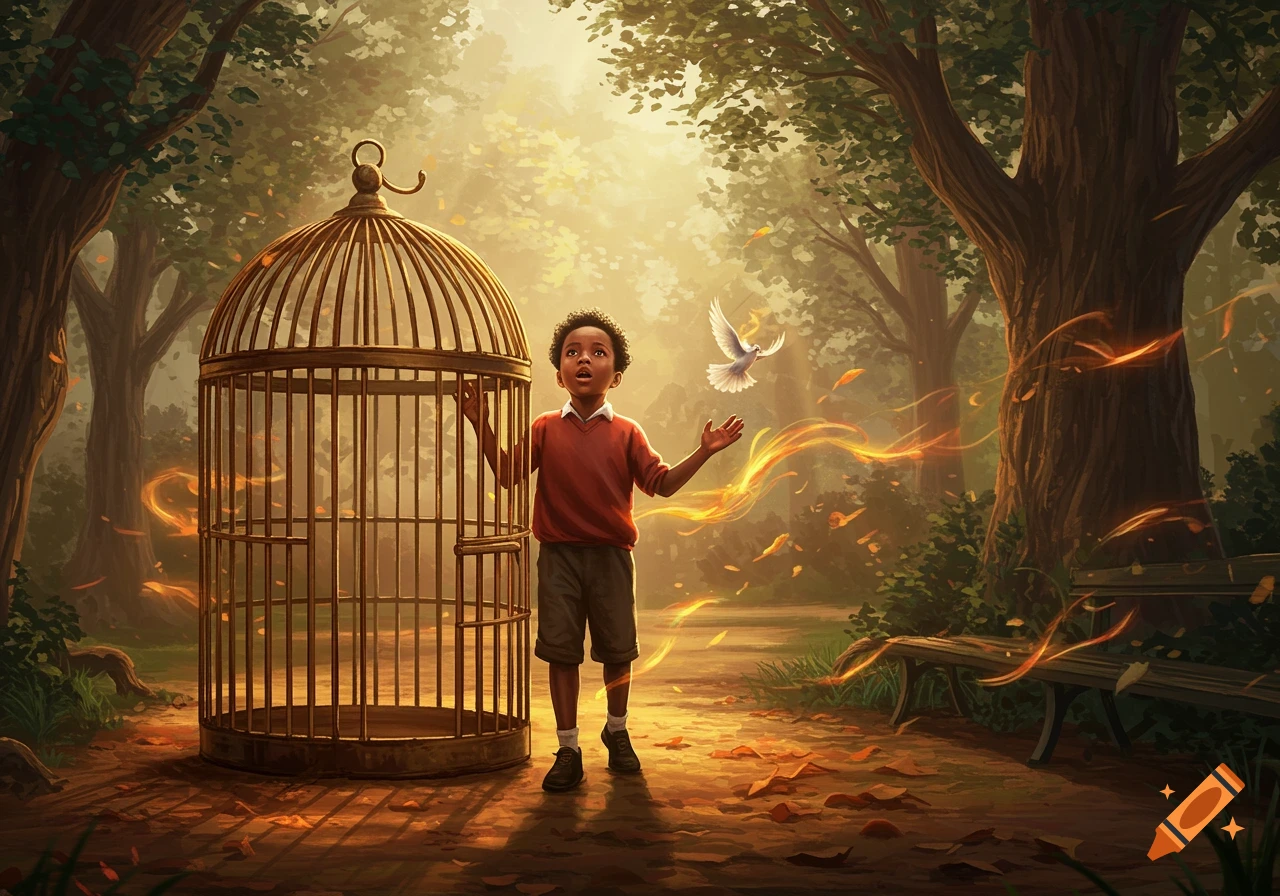 Young Black boy in a sunlit forest, standing by an open cage, looking up at a white dove flying free amidst golden magical wisps. Fantasy art.