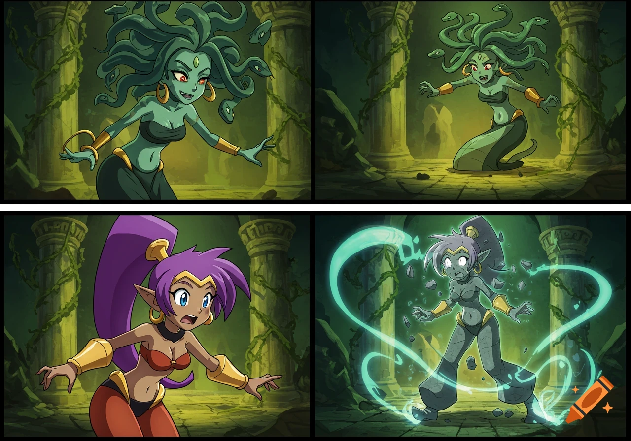 A four-panel comic showing Medusa turning Shantae into a stone statue in a crumbling temple setting.