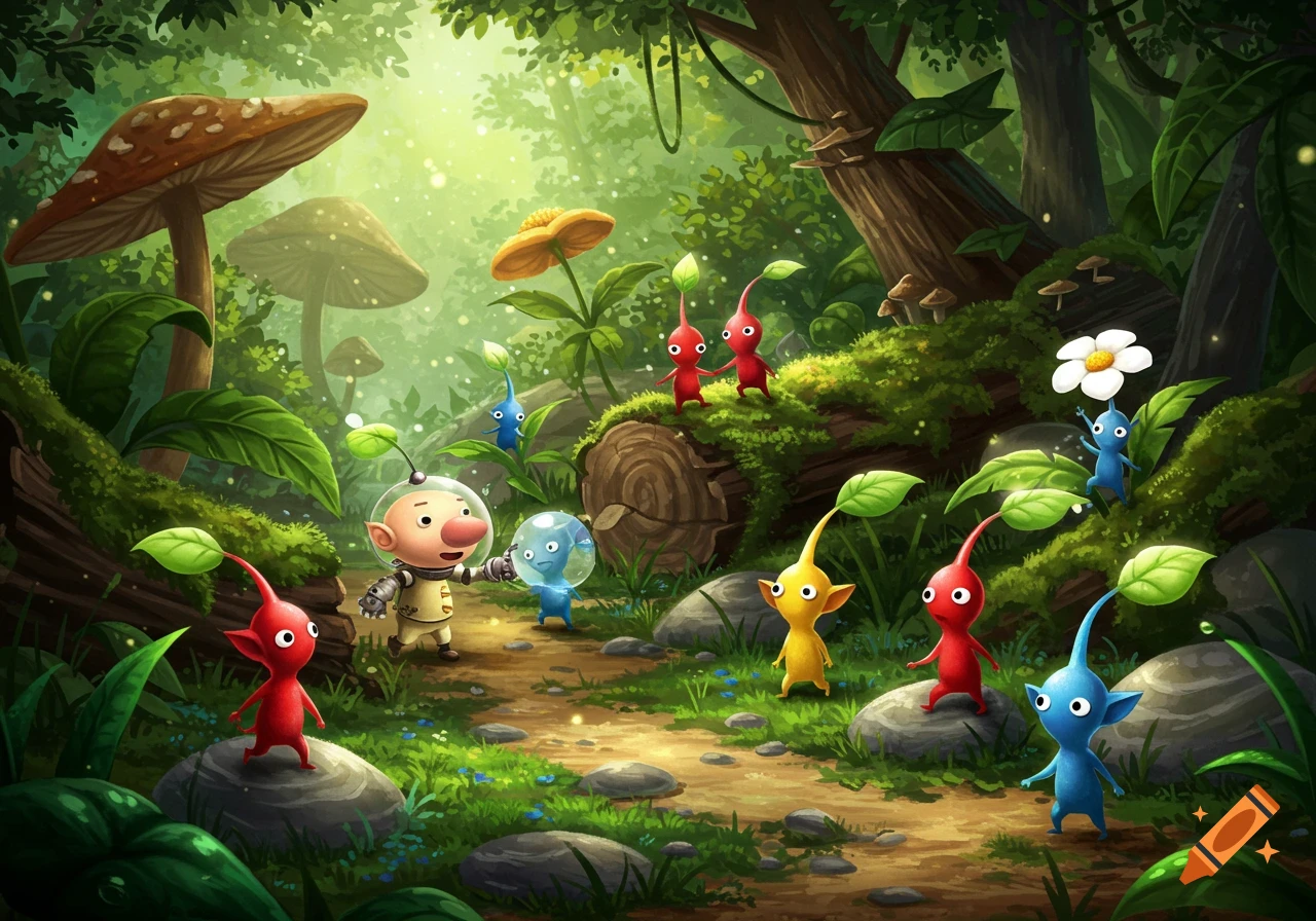 Captain Olimar and various colored Pikmin characters in a vibrant, stylized forest with large mushrooms and glowing particles.
