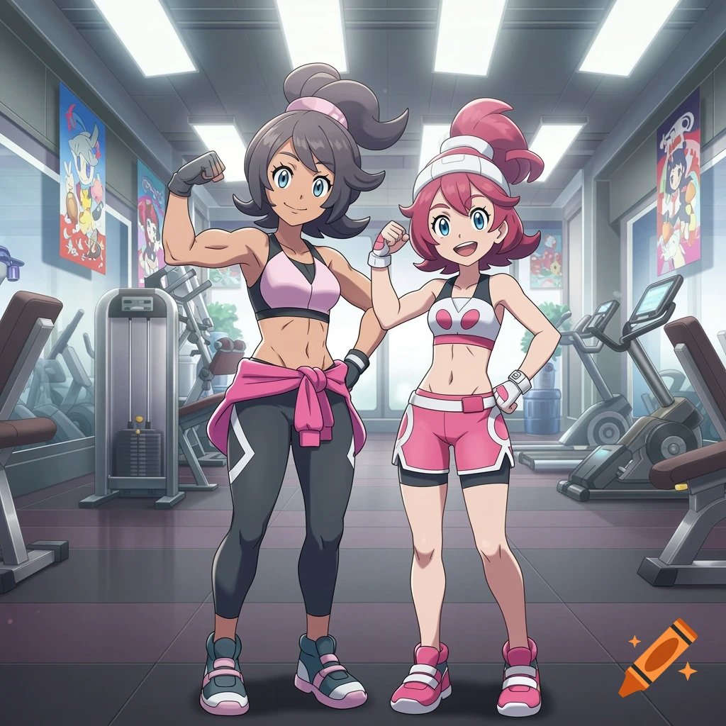 Two anime-style women, one with dark hair and one with pink hair, flex their biceps in a gym.