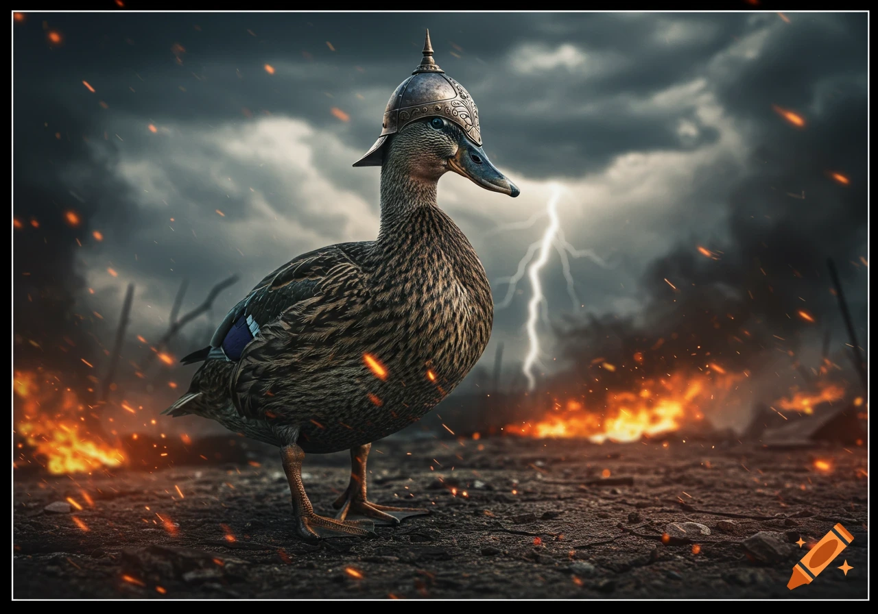 A duck wearing an ornate military helmet stands on a scorched battlefield under a stormy sky with lightning and fire.