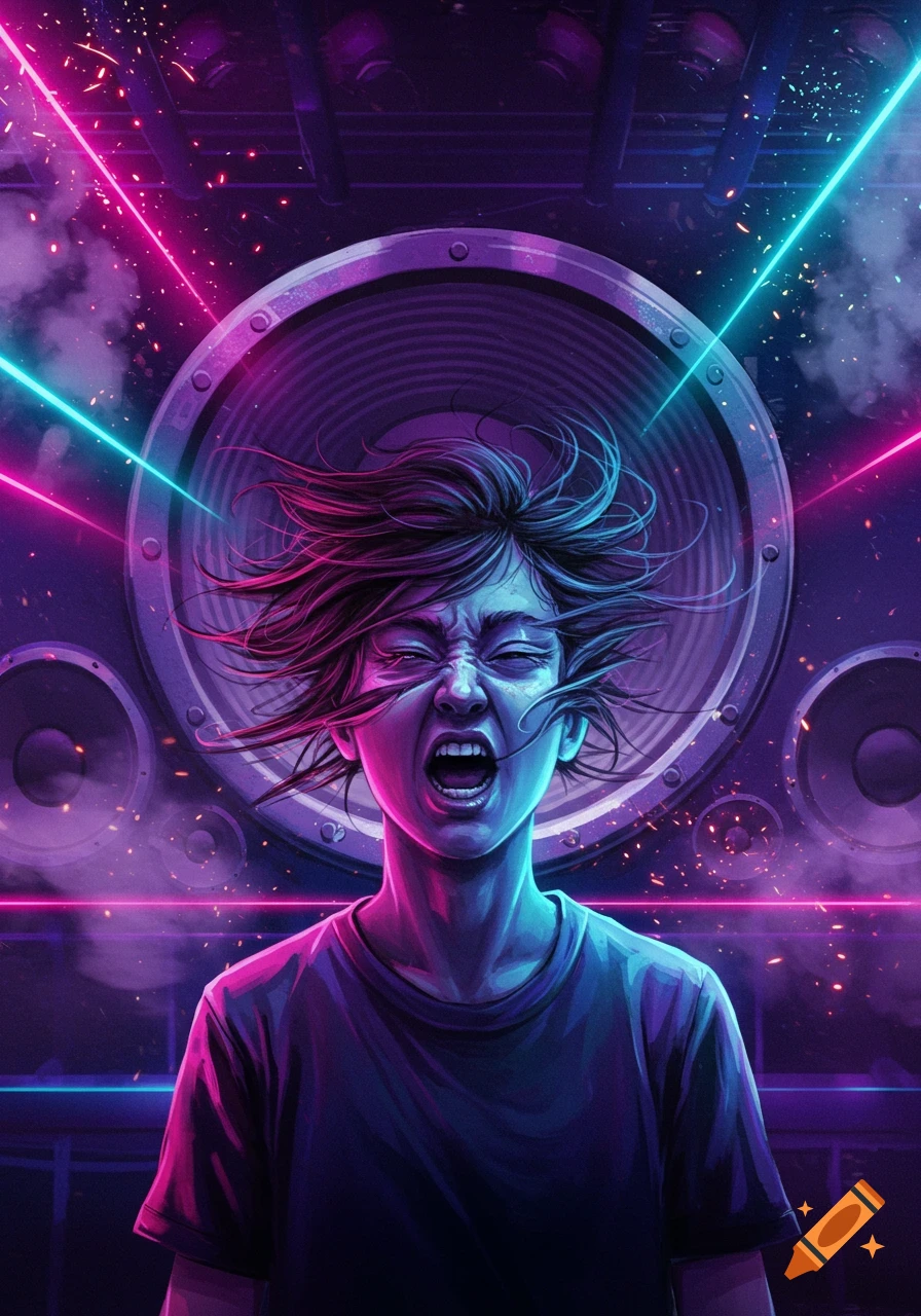 Stylized digital art of a person with a wind-blown, distorted face screaming in front of a giant speaker amidst neon lights and smoke.