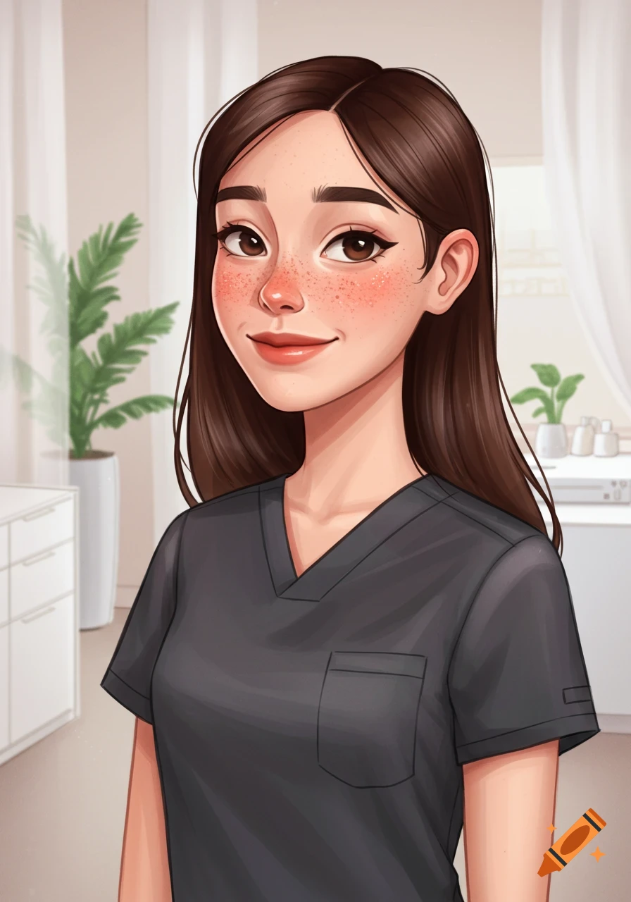 A cartoon portrait of a pale woman with long brown hair, freckles, and a dark grey V-neck scrub top, smiling gently.