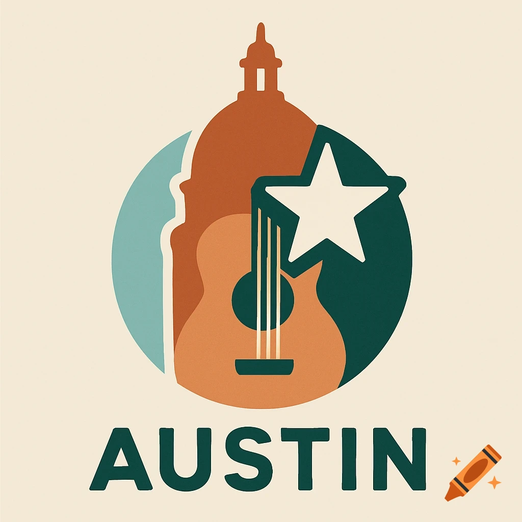 Stylized logo for Austin, Texas, with a capitol dome, guitar, and star, and the word 'AUSTIN' below.