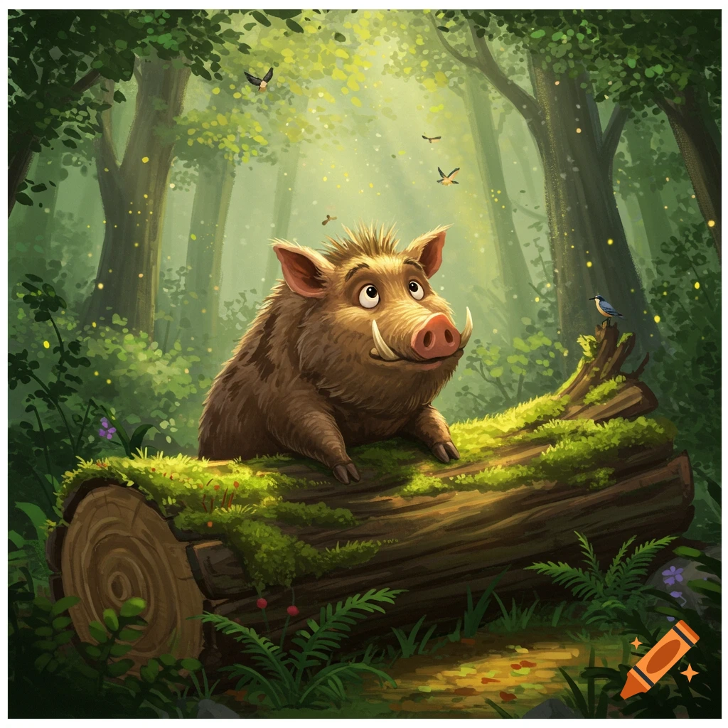 Cartoon wild boar sitting on a mossy log in a lush, luminous forest with birds and glowing specks, digital illustration.