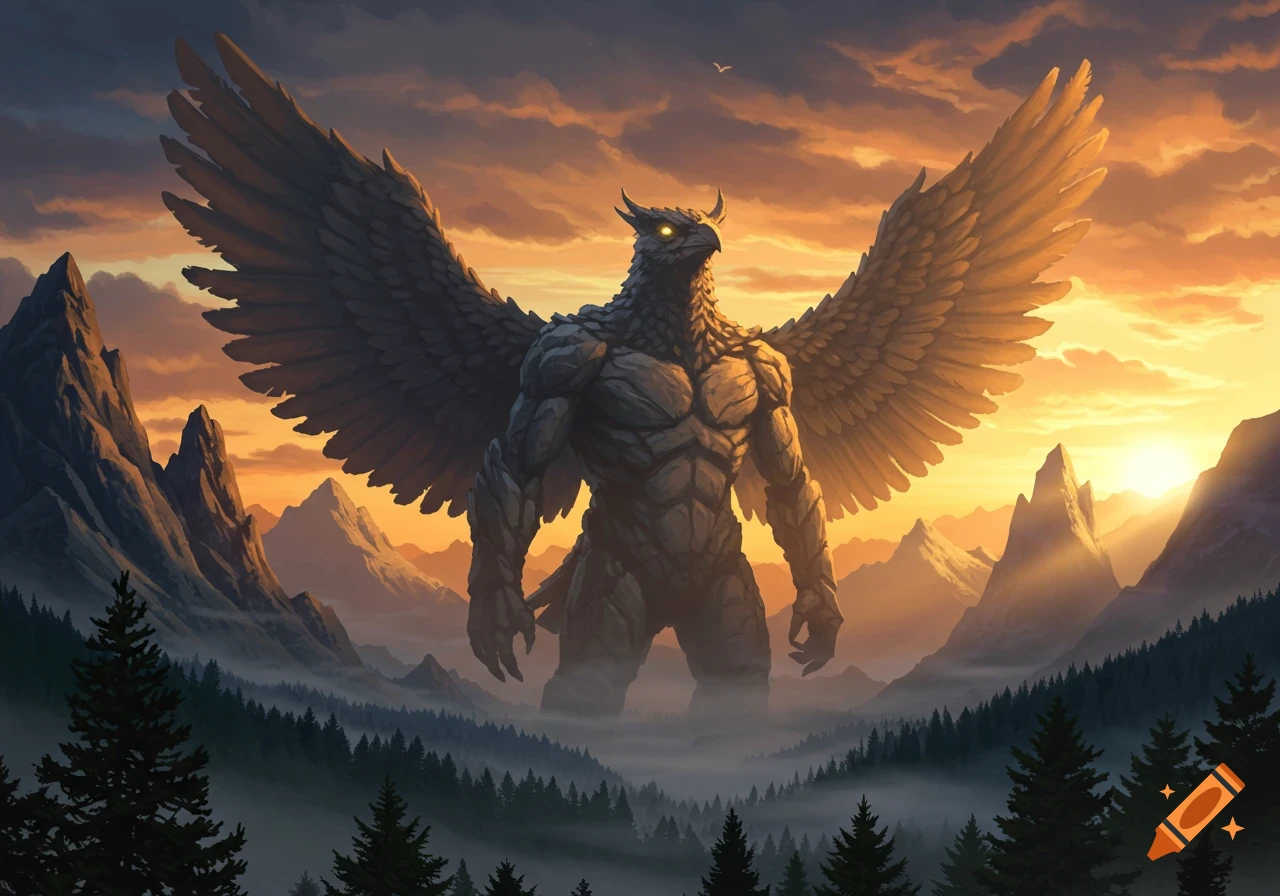 A giant, muscular, stone-like bird monster with large wings stands in a misty mountain valley at sunset.