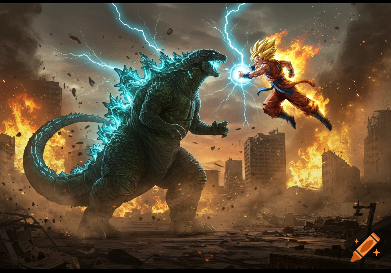 Godzilla and Super Saiyan Goku fight amidst lightning and fire in a destroyed city.