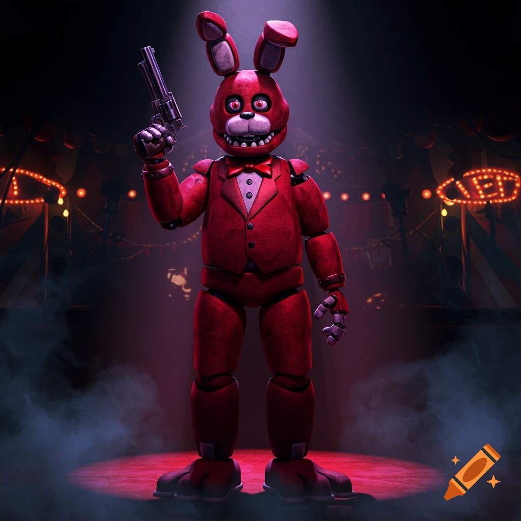 Red animatronic rabbit in a tuxedo holding a revolver on a circus stage with purple lighting.