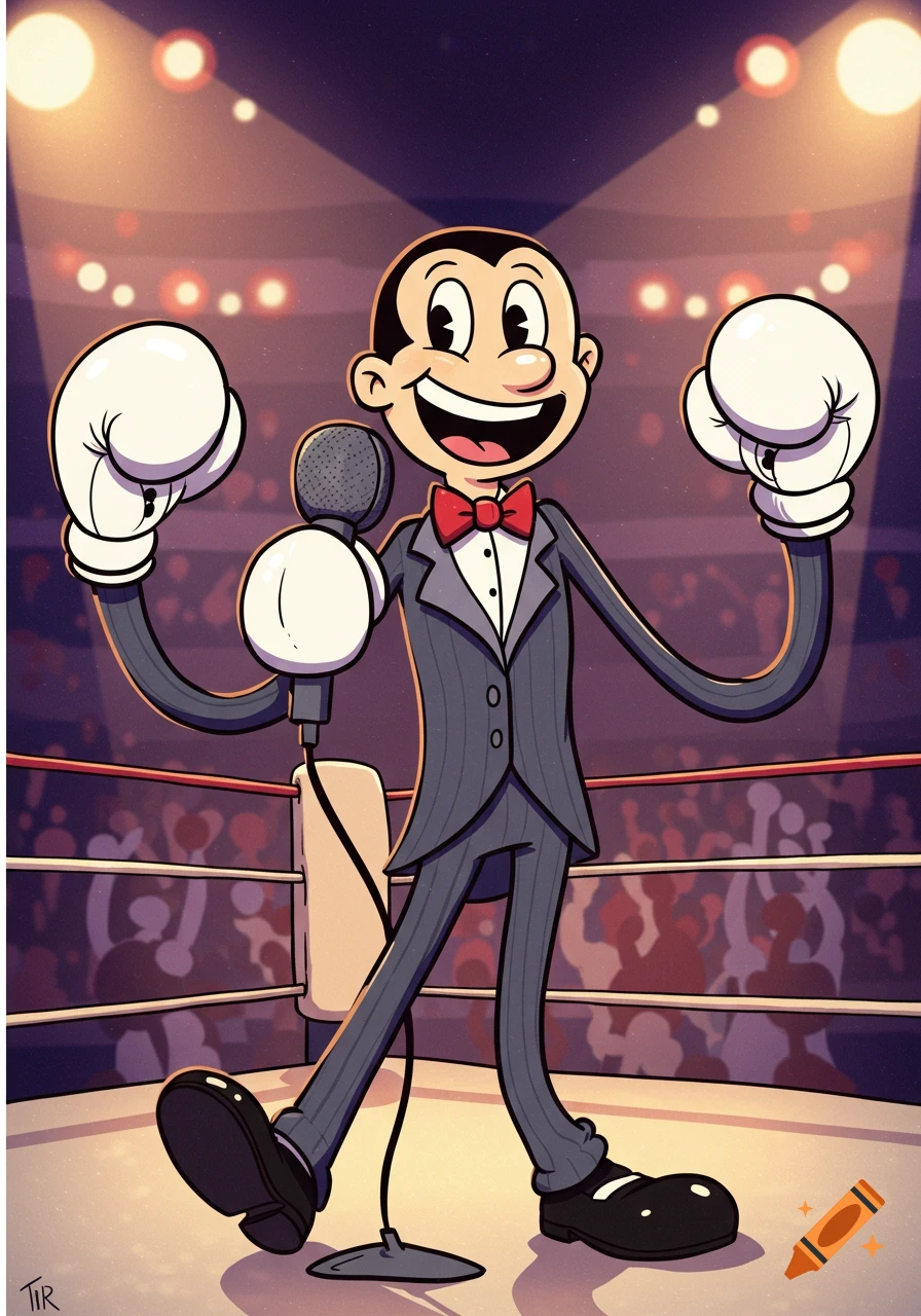 A retro rubber hose cartoon character, a smiling boxing ring announcer in a suit with a red bow tie and boxing gloves, holds a microphone in a brightly lit boxing ring.