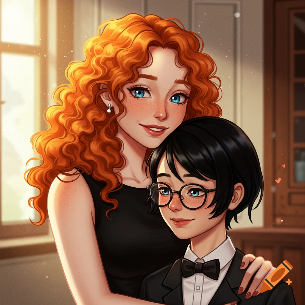 Digital illustration of a smiling redhead woman embracing her girlfriend, who wears a tuxedo and glasses, in their home.