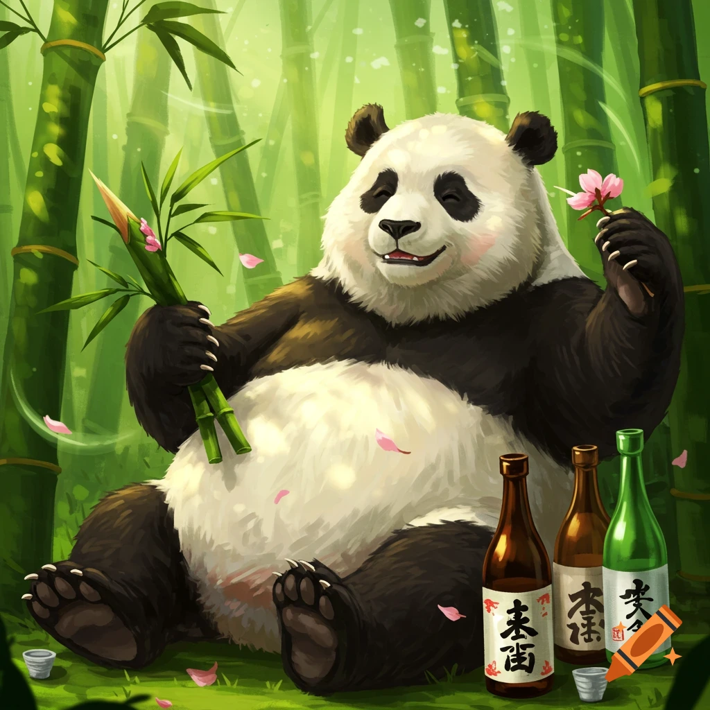 A happy, cartoonish panda sits in a bamboo forest, holding bamboo shoots and a flower, with bottles of sake next to it.