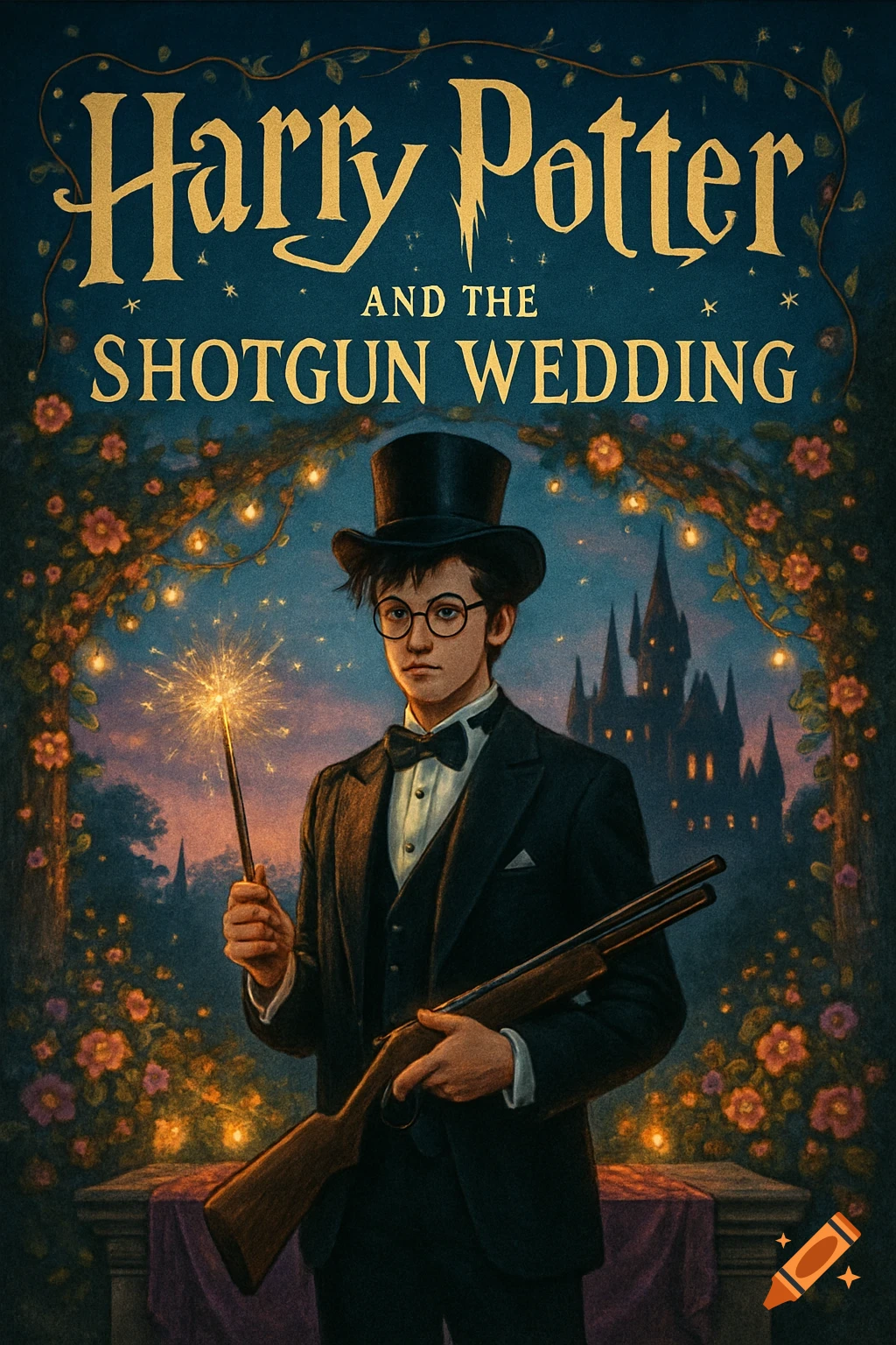 Illustrated book cover: Harry Potter in a tuxedo, top hat, holding a sparking wand and shotgun, with a castle and floral archway.