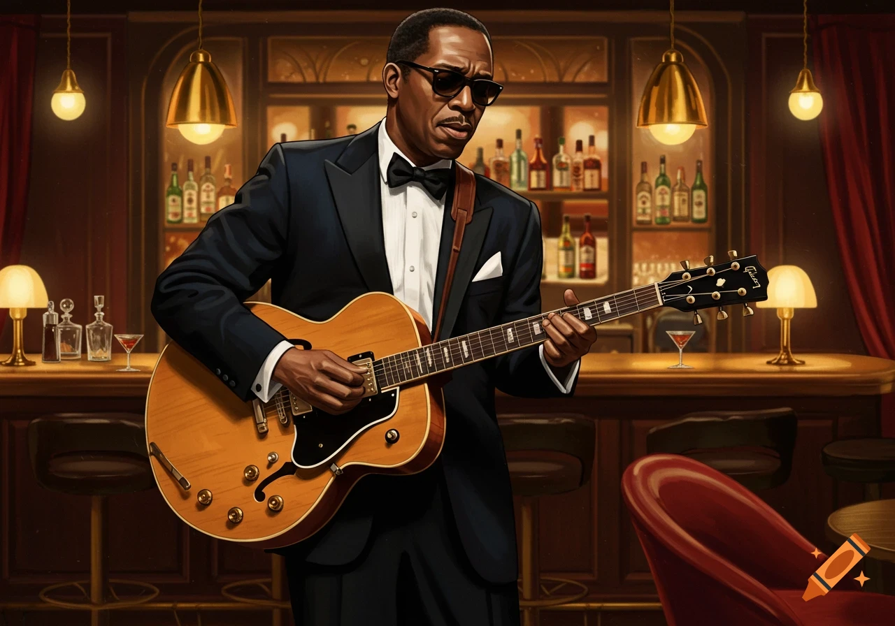 A jazz guitarist in a tuxedo and sunglasses plays a hollow-body guitar in a dimly lit, fancy bar.