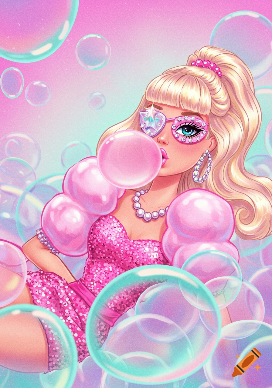 Vibrant illustration of a Barbie-like woman in a pink sequin dress, blowing bubblegum, with ornate sunglasses, surrounded by iridescent bubbles.