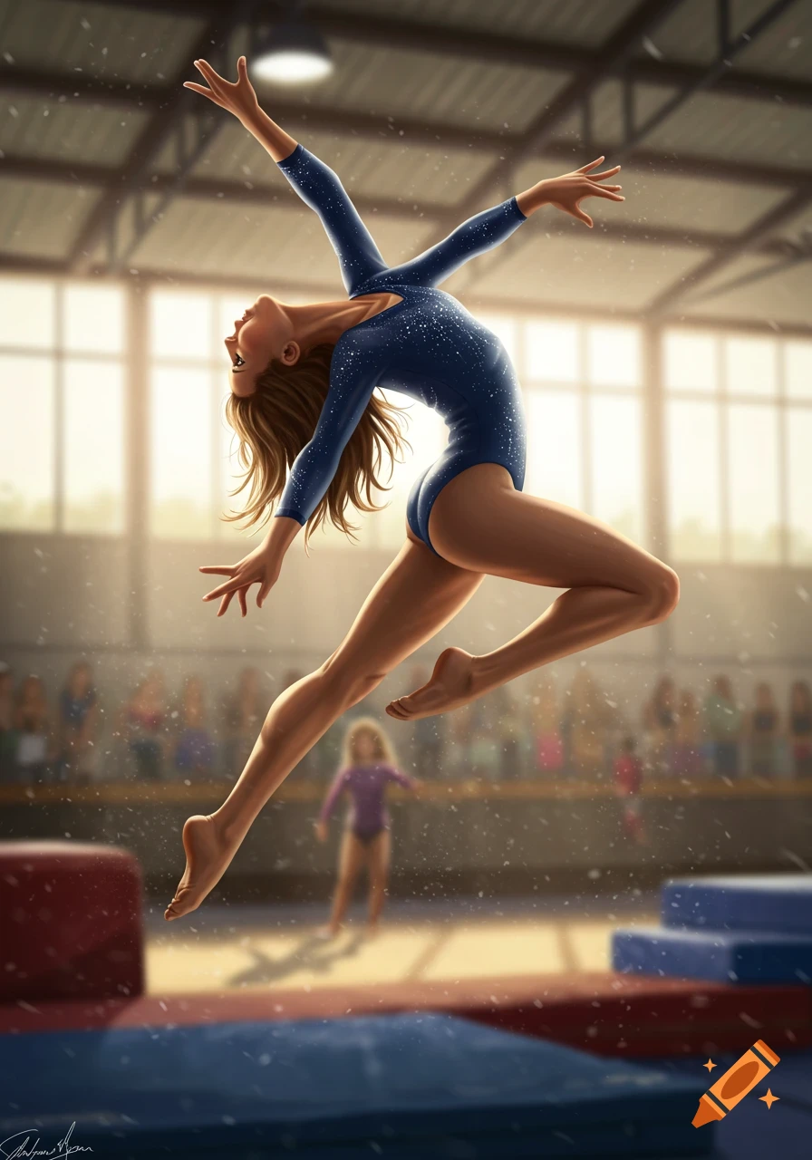 A female gymnast in a blue leotard leaps gracefully in a brightly lit gym, with a smaller child in the background. Digital art.