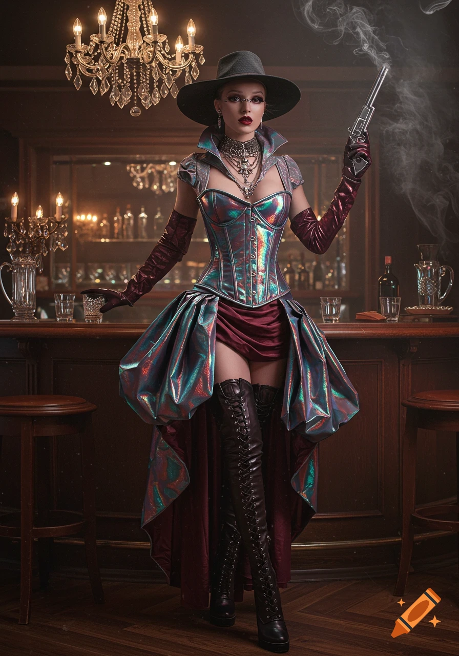 A woman in an iridescent steampunk corset, large hat, and tall boots stands at a bar, holding a smoking pistol.