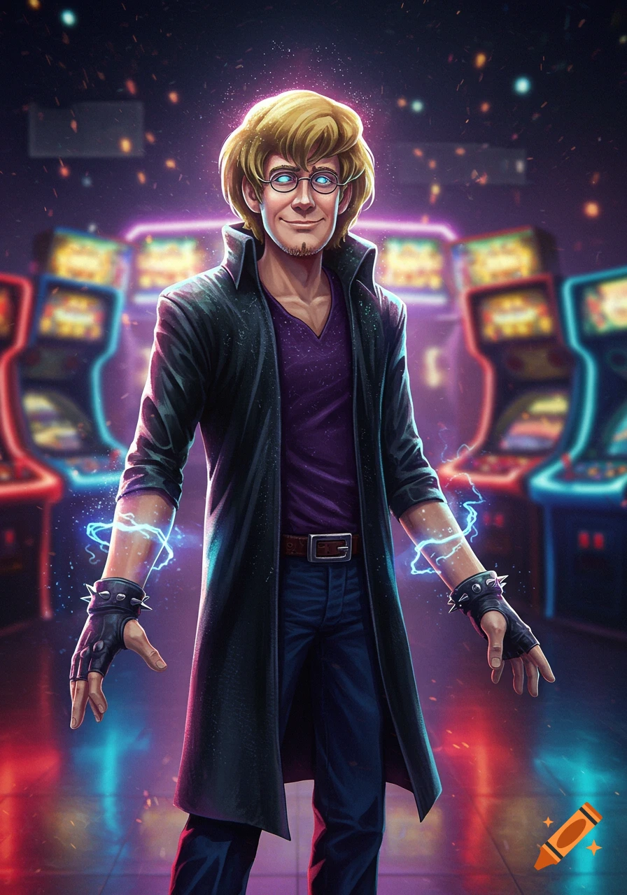 Stylized man resembling Shaggy from Scooby-Doo with glowing eyes and electricity around his hands, standing in a neon-lit arcade.