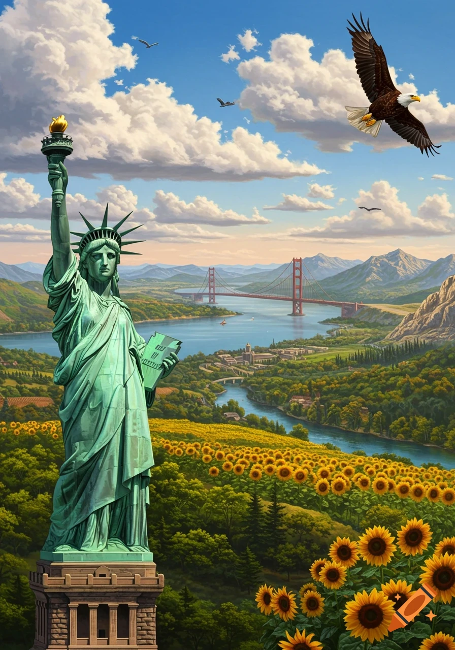 Vibrant landscape with Statue of Liberty, Golden Gate Bridge, sunflower fields, mountains, and a bald eagle under a cloudy sky.