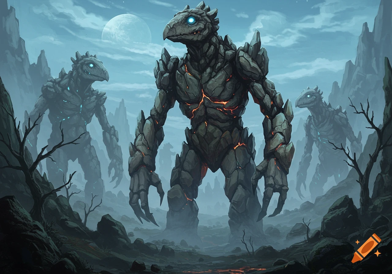 Three towering rock monsters with glowing eyes and cracks, standing in a misty, craggy landscape under a large moon.