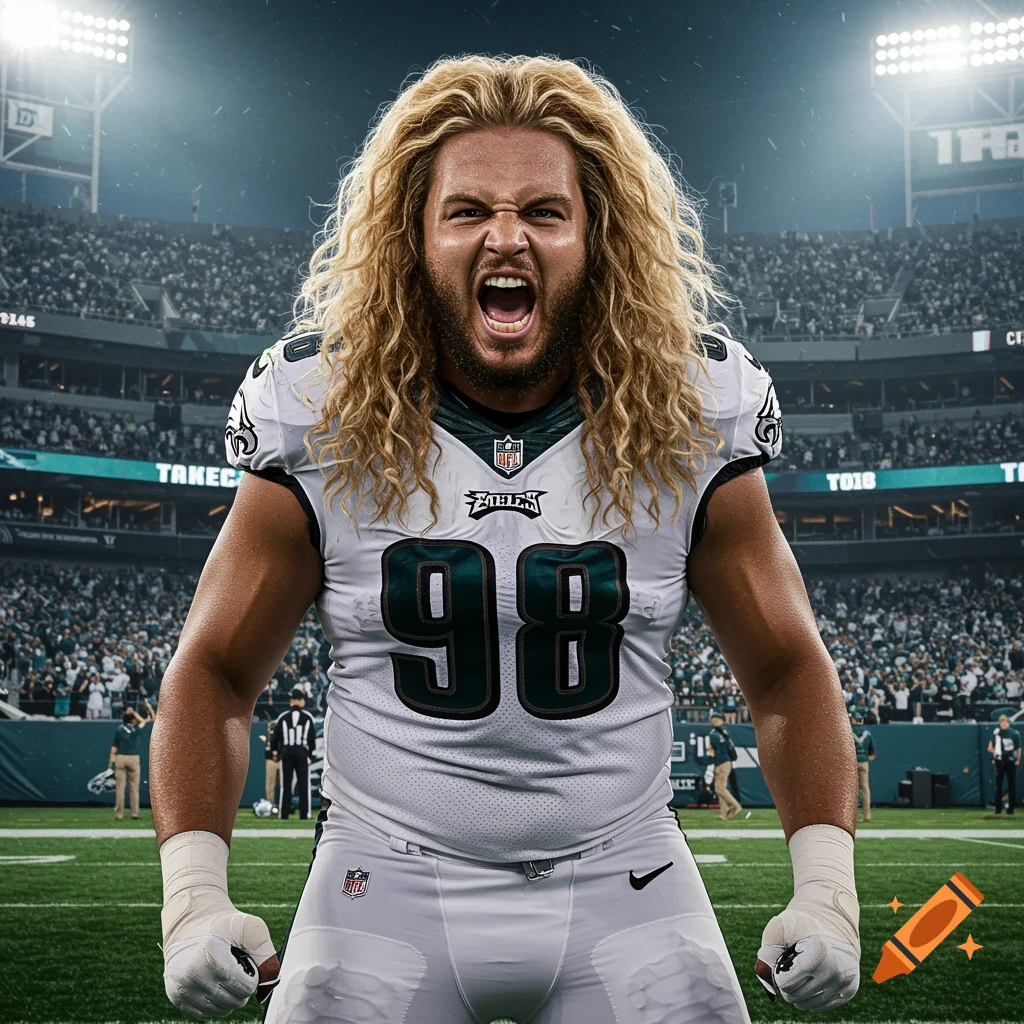 A photorealistic image of a muscular football player with long, wavy blonde hair and a fierce expression, wearing a white Eagles uniform with number 98, standing on a football field in a stadium filled with cheering fans.