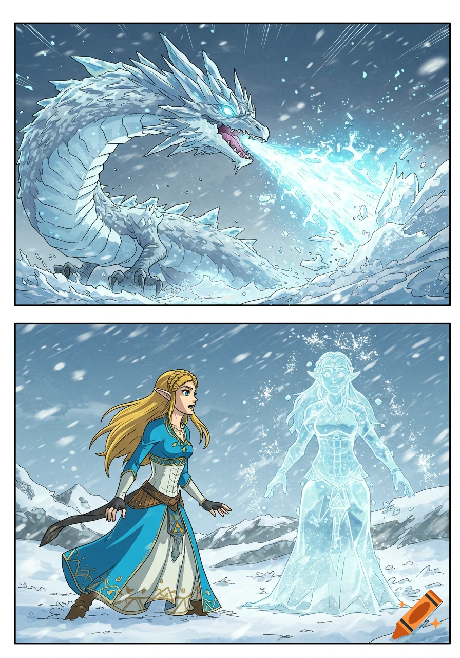 Comic panels of an ice dragon breathing ice and Princess Zelda reacting to an ice statue of herself in a snowy, winter setting.